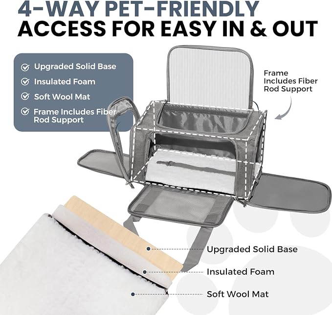 Soft-Sided Cat Carrier 20x13x13 in Expandable Travel Pet Bag 22LBS | For Cats and Small Dogs with Anti-Scratch Mesh Washable Mat Collapsible Escape-Proof Airline Approved with Shoulder Strap - Image 3