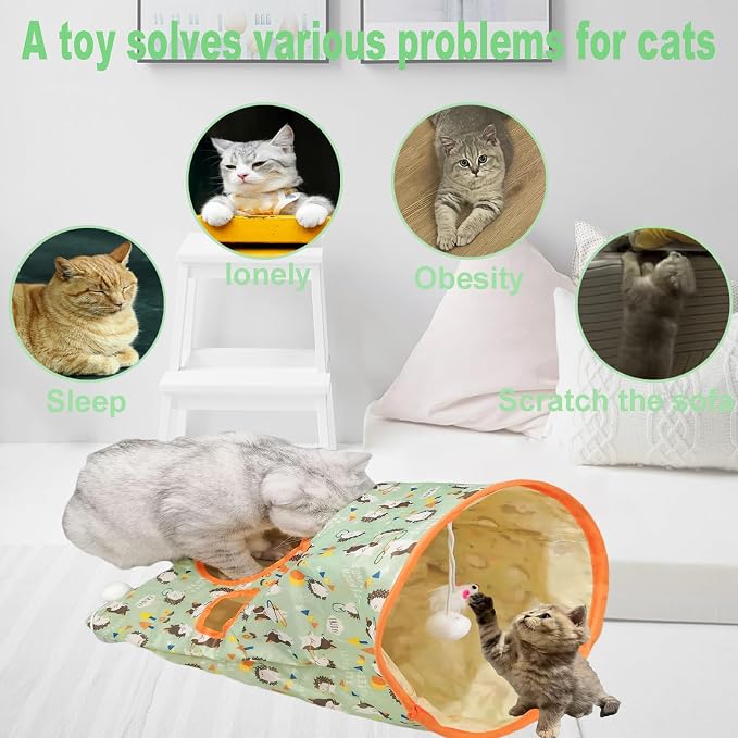 Cat Tunnel Bag for Indoor Cats, Foldable Pet Tunnel Crinkle Sack Bag with a Little Mouse & 3 Toy Ball, Portable Crinkle Paper Interactive Hide and Seek Cat Toys (Green) - Image 5