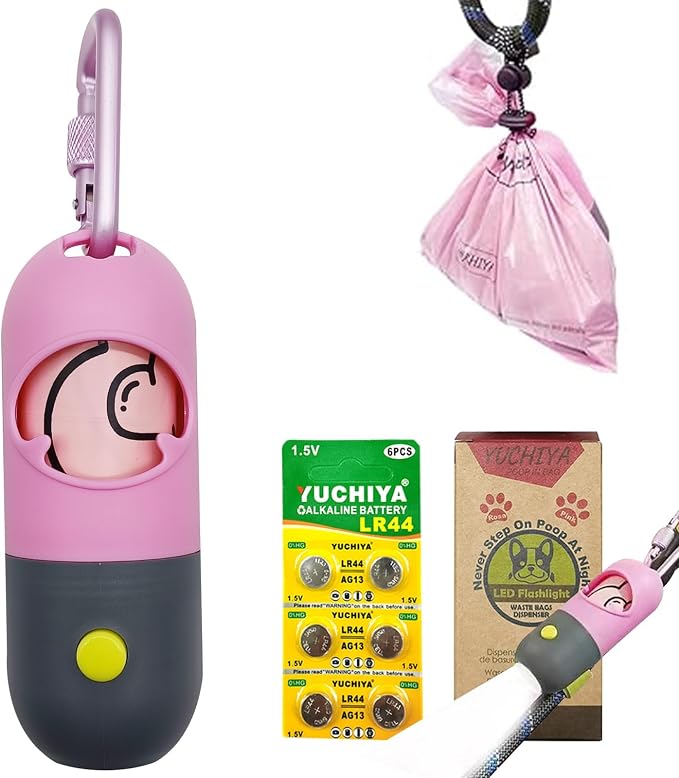 Dog Poop Bags Holder with LED Flashlight|Pet Waste Bags Dispenser for Leash|Doggie Potty Bags Container with Leak-proof Pet Trash Bags and Accessories (1 Holder 15 Bags, Pink) by YUCHIYA