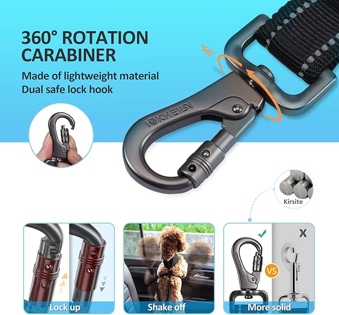 Dog Seat Belt 3-in-1 Car Harness for Dogs Adjustable Safety Seatbelt for Car Nylon Reflective Bungee Fabric Dog Car Harness with Clip Hook Latch & Buckle, Swivel Zinc Alloy Carabiner (Black) - Image 3