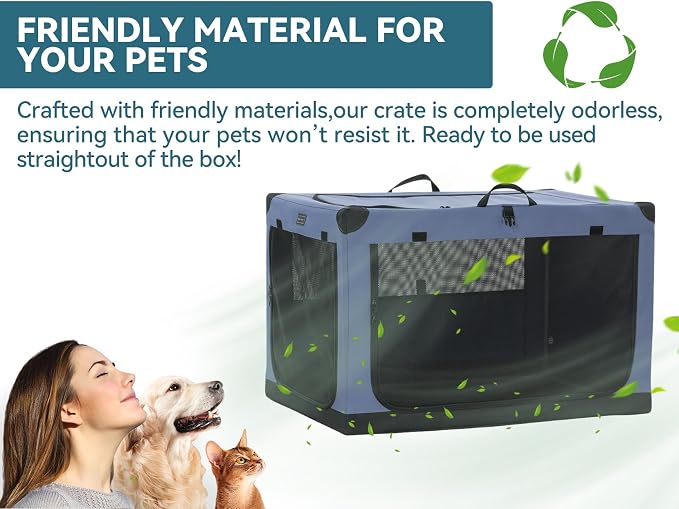 PETSFIT 36" Soft Portable Dog Crate – Patented Spiral Sturdy Frame, Collapsible Travel Kennel for Medium & Large Dogs, 3 Mesh Door, Lockable Zippers, Indoor & Car Use Blue - Image 8