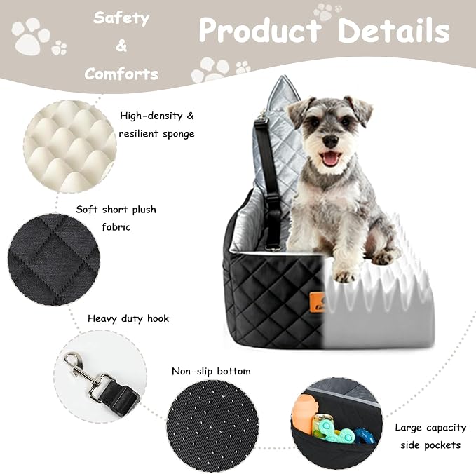 6" Elevated Dog Car Seat Bed for Small & Medium Dogs up to 35 lbs – Memory Foam Pet Booster Seat with Washable Cover & Safety Tether - Image 5
