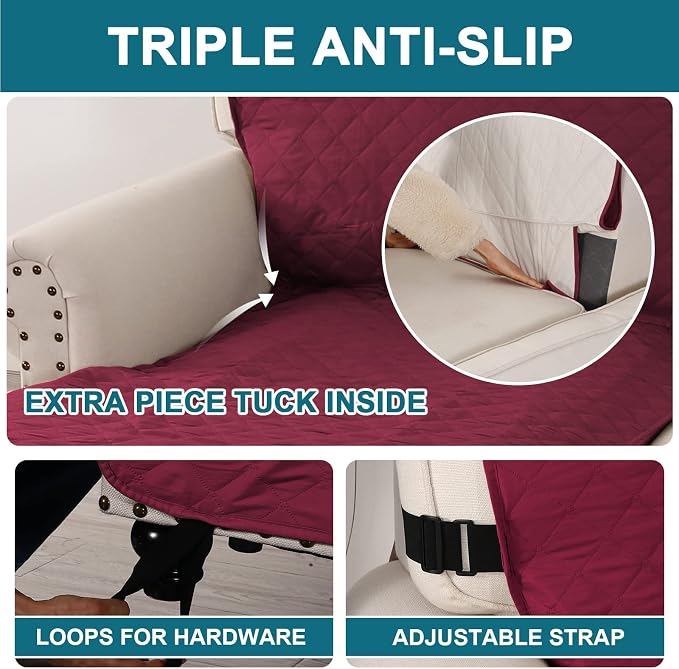 Turquoize 100% Waterproof Sofa Covers Chaise Lounge L Shape Sofa Protector Slip Cover Triple Non-Slip Sofa Slipcover for Sectional Couch Cover for Pets, Kids (Chaise, Burgundy) - Image 4