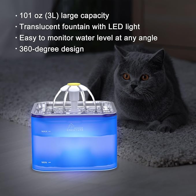 Wonder Creature Crystal Cat Water Fountain Stainless Steel Lid, 101oz/3L | Pet Fountain with Transparent Base, Quiet Pump, LED Indicator Light, Triple Filtration, 3 Flow Modes for Cats and Dogs - Image 2