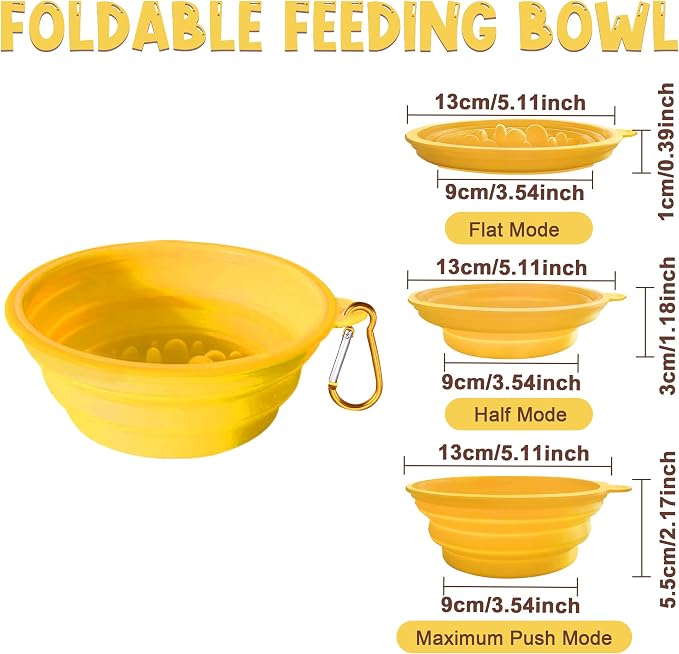 Small Collapsible Dog Bowls (12oz), 1 Pack Pet Travel Foldable Bowl and Slow Feeding Frisbee with Carabiners, Healthy, Soft Silicone, Portable Essential Set for Walking, Travel, and Hiking (Yellow) - Image 2