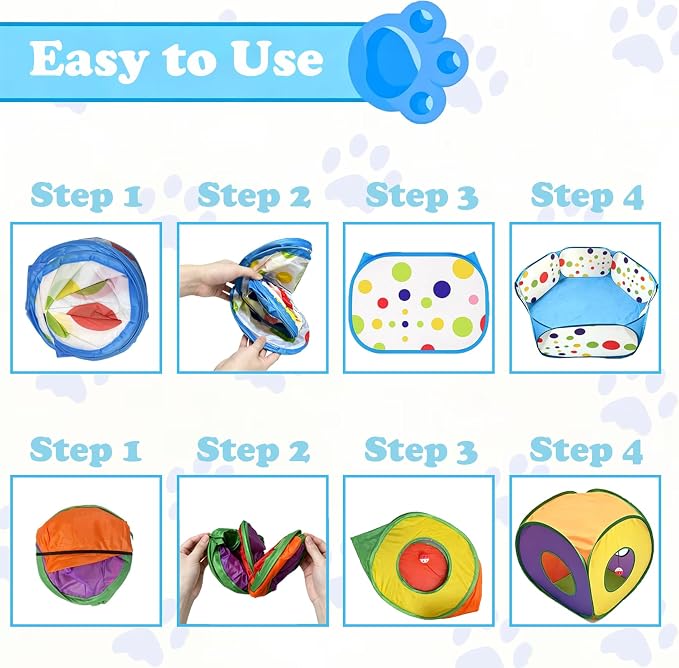 Ball Pit and Tunnel Tent for Cats, with 200 Pom‑pom Balls, 1 Ball Launcher, 8 Bell Balls, 4 Colorful Mice and 1 Saury Fish, Foldable Indoor & Outdoor Cat Activity Center for Interactive Play - Image 7