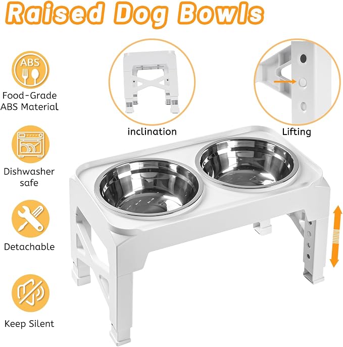 Elevated Dog Bowls with 2 Stainless Steel Food & Water Raised Bowls with No Spill Edge Non-Slip Stand Adjusts to 5 Heights(3.2", 8.77", 9.9",11.1", 12.3") for Small Medium Large Dog and Pet White - Image 7