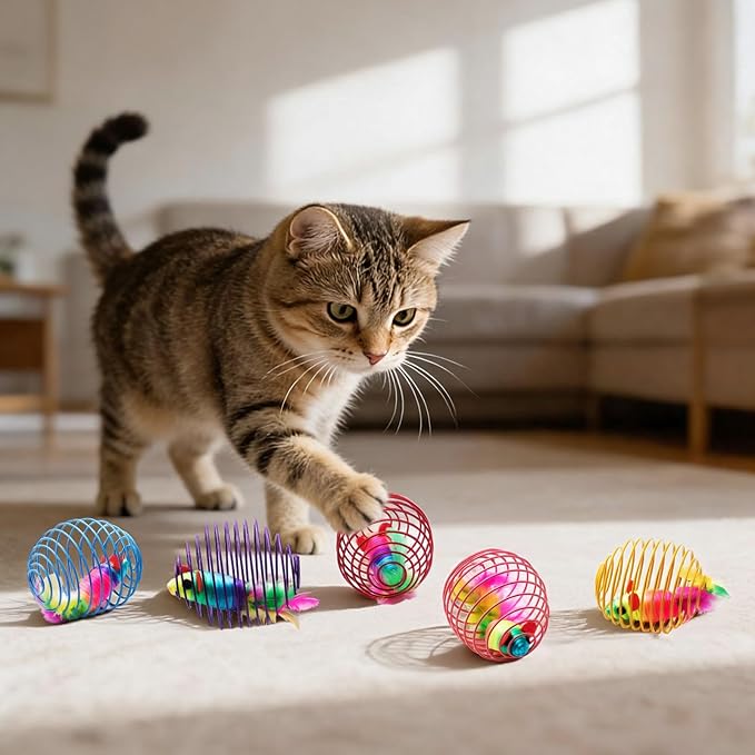 Jecery 5 Pcs Cat Toys Spring,Mouse, Rainbow Color | Interactive Metal Cat Toy, Stretchable Rolling Ball, for Indoor Cats, Colorful Playful Coils, Kitten Pet Supplies - Image 5