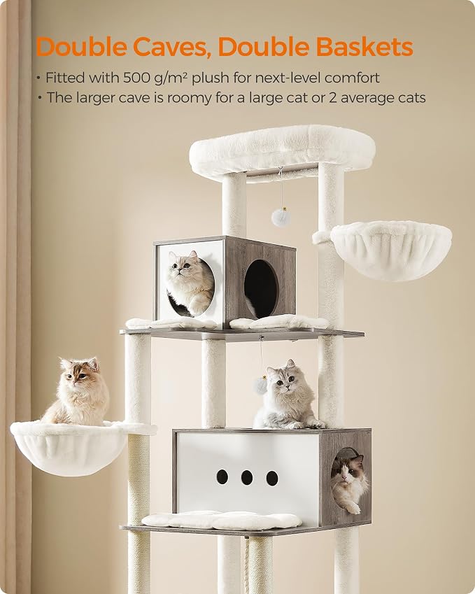 Feandrea Cat Tree, 75.6-Inch Modern Cat Tower, Tall Multi-Level Condo with 2 Caves, 2 Hammocks, 4 Scratching Posts, Self-Groomer, Tunnel, Perch, Heather Greige UPCT193G01 | Tall Cat Tower, 4 Scratching Posts, Self-Groomer, Tunnel, Perch, Heather Greige... - Image 3