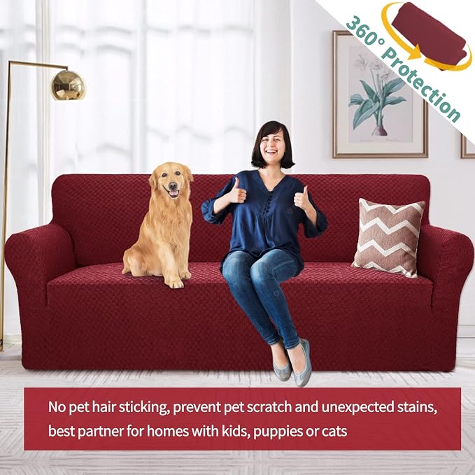 YEMYHOM Couch Cover Latest Jacquard Design High Stretch Sofa Covers for 3 Cushion Couch, Pet Dog Cat Proof Slipcover Non Slip Magic Elastic Furniture Protector (Sofa, Christmas Wine Red) - Image 2