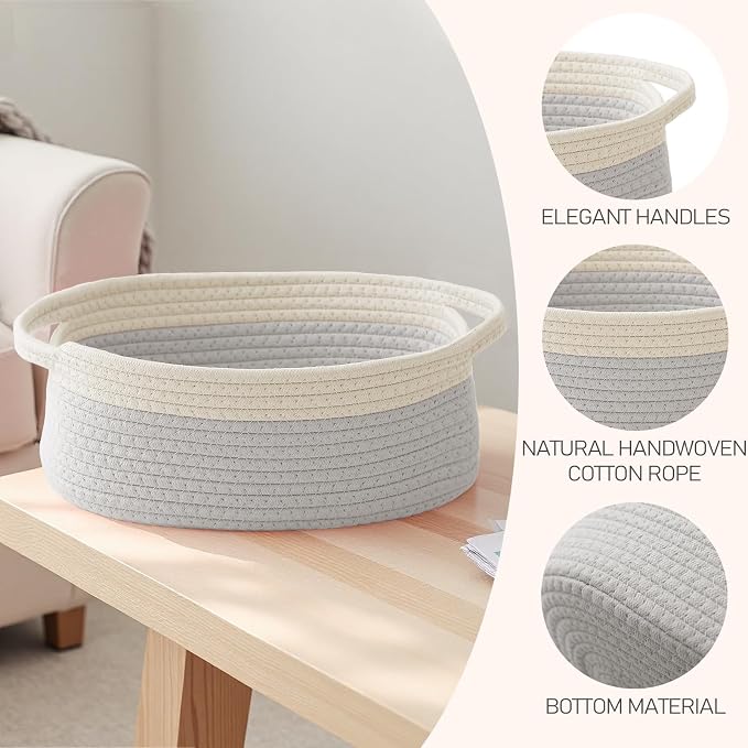 JMvicyroam Small Woven Basket, Empty Gift Basket, White&Grey/3 Pack | Small Gift Basket, Cotton Rope, 12 x 8 x 68 in, Handles, Includes Ribbon and Bag, Birthday Gift Basket - Image 3