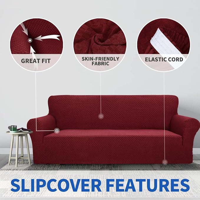 ZNSAYOTX 1 Piece Jacquard Couch Covers for 3 Cushion Couch High Stretch Sofa Cover for Pets Dogs Anti Slip Extra Large Sofa Slipcovers Furniture Protector (XL Sofa, Wine Red) - Image 3