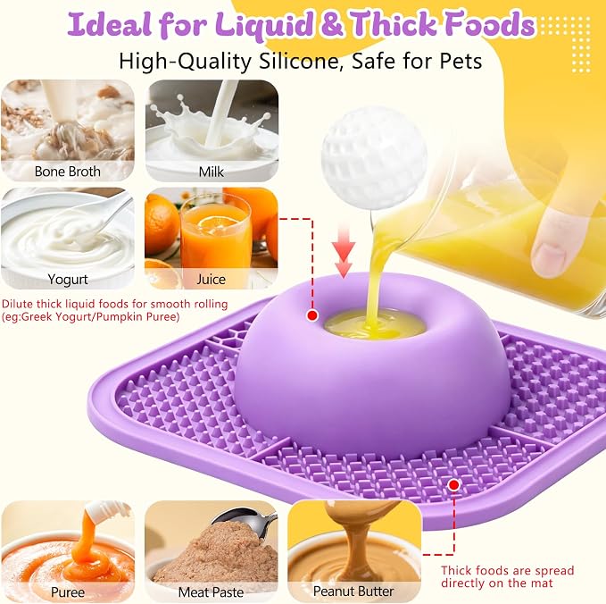 Slow Feeder Dog Bowls & Lick Mat for Liquid and Thick Treat, Anti-Slip Dog Lick Bowl with Interactive Rolling Ball, 5/6 Cup Pup Licking Toy for Large Medium Small Dogs and Cats-Large Purple - Image 3