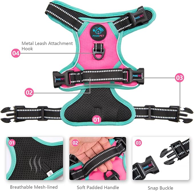 Upgraded No Pull Dog Harness, Reflective Adjustable Vest | with a Training Handle + 2 Metal Leash Hooks+ 3 Snap Buckles +4 Slide Buckles(S, Pink) - Image 3