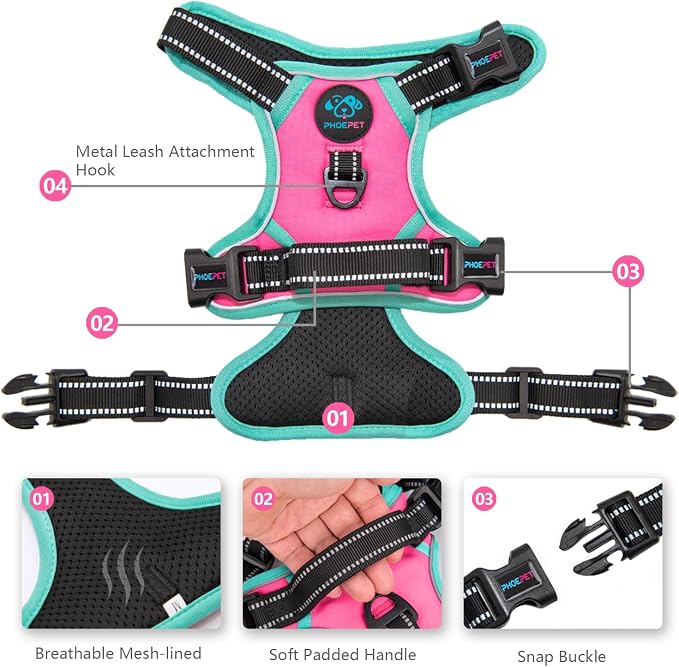 Upgraded No Pull Dog Harness, Reflective Adjustable Vest | with a Training Handle + 2 Metal Leash Hooks+ 3 Snap Buckles +4 Slide Buckles(L, Pink) - Image 3