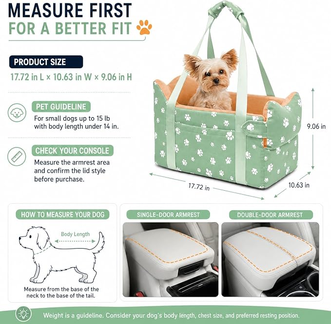 Dog Center Console Car Seat for Small Dogs Under 15lbs,Detachable Washable Booster Pet Car Seat Travel Bed with Storage Pockets and Seat Belt(Green) - Image 4
