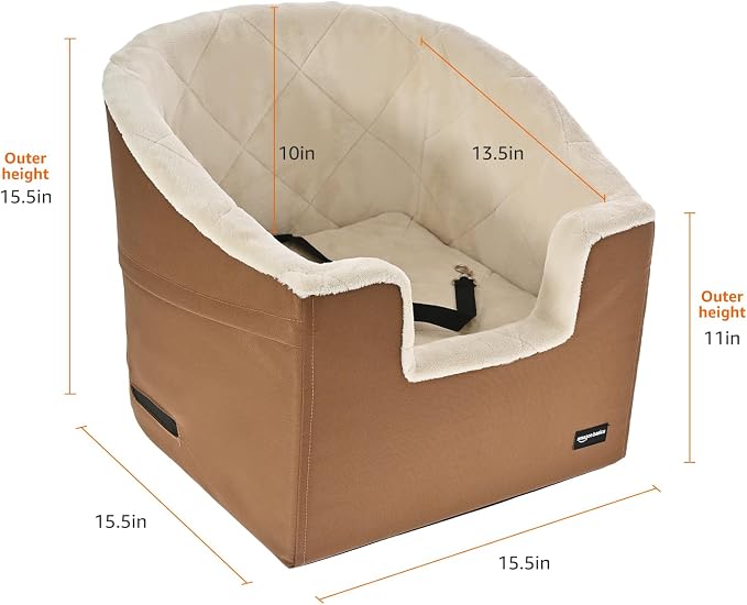 Amazon Basics Dog Car Seat Booster for Small Dogs up to 25lbs, Washable Removable Cover, Safety Leash, Elevated View for Window, 18" x 18" x 16", Tan - Image 5