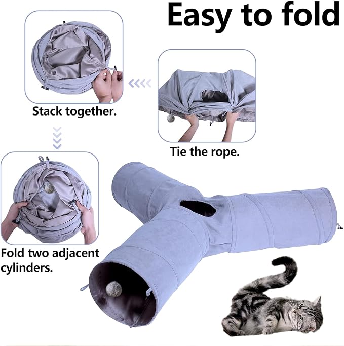 3 Way Collapsible Cat Play Tube Toys with Plush Ball, Indoor Play Tunnel for Puppy, Kitty, Kitten, Rabbit - Image 2