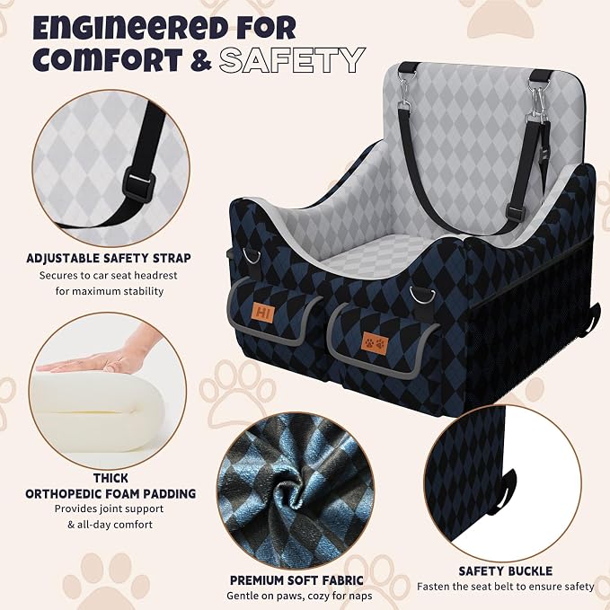 Dog Car Seat for Small/Medium Dogs up to 35lbs, 4-Pocket Storage Memory Foam Dog Booster Seat, Detachable Washable Pet Car Seat with Safety Belt, Outdoor & Indoor Use (Dark Blue/Black) - Image 7