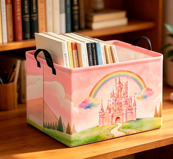 CLOCOR Rectangular Storage Basket Empty,Gift Basket,Waterproof Storage Bin with Handles,Room Decor(Pink Castle) - Image 5