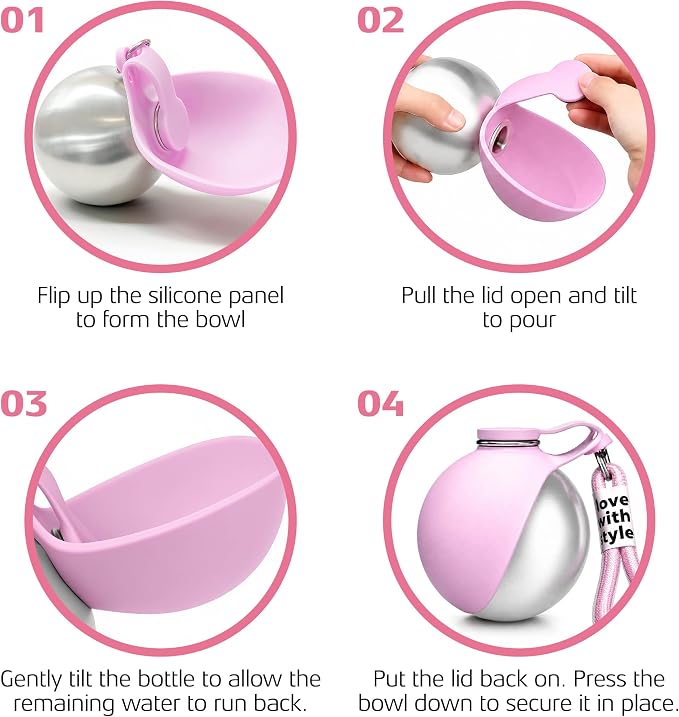 Portable Dog Water Bottle for Walking, 10oz Stainless Steel Pet Water Dispenser with Foldable Silicone Bowl, Leak-Proof Puppy Water Bottle for Small Dogs&Cats,Travel Hiking Outdoor Use(Pink) - Image 5