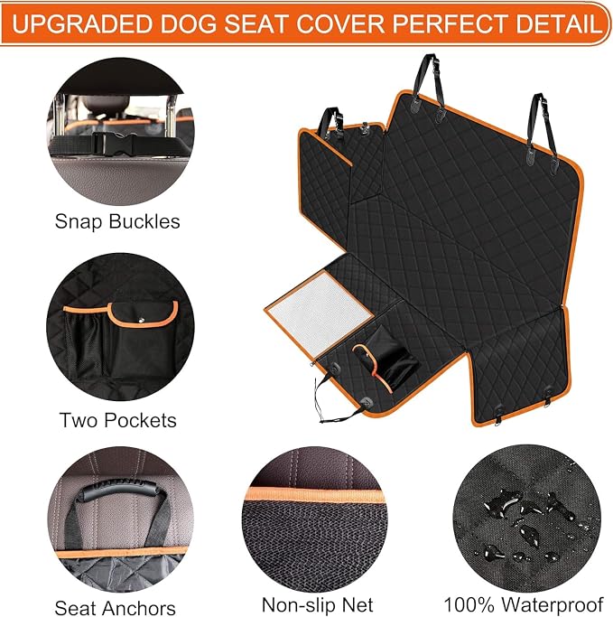 Femuar Dog Car Seat Cover, Waterproof Nonslip Pet Seat Cover for Back Seat with Storage Pockets Mesh Visual Window, Scratch Proof Pet Dog Seat Cover Hammock for Cars Trucks and SUVs, XL-Orange - Image 4
