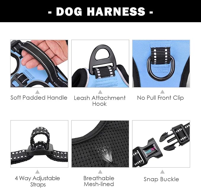 No Pull Dog Harness Reflective Adjustable Vest with Training Handle | Name ID Pocket, 2 Metal Leash Hooks, 3 Snap Buckles [Easy to Put on & Take Off](M, Baby Blue) - Image 4
