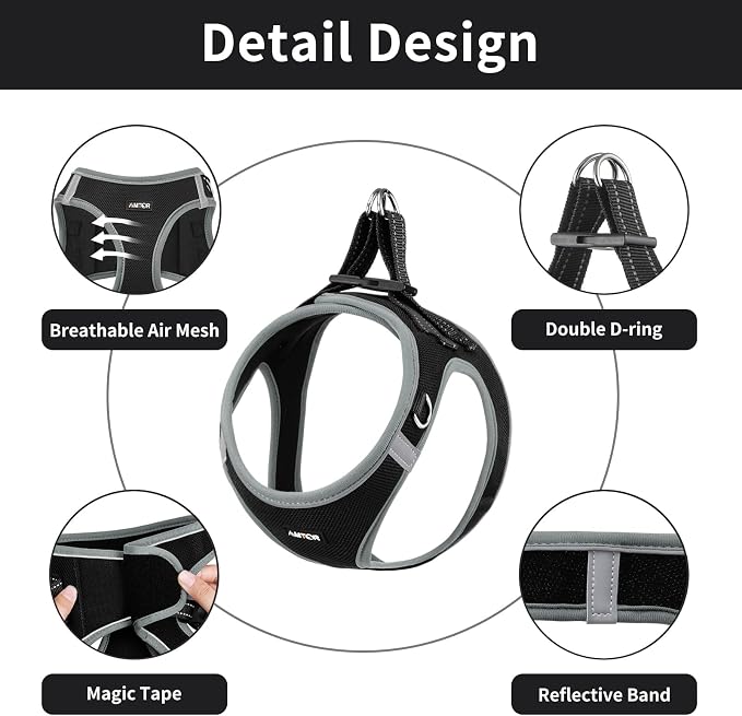 AMTOR Small Dog Harness with Leash Set, No Escape Easy Walk Puppy Harnesses for Training Walking, Step-in Reflective Soft Dogs Vest for XS S Medium Extra-Small Large Sized Dog(Black/Grey,XS) - Image 3