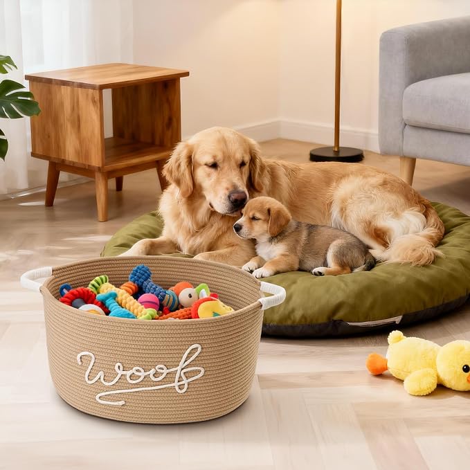 Woof Dog Toy Basket, Large Dog Toy Storage Bin with Durable Handles, Woven Dog Basket for Blankets, Toys, Chews, Pet Toy Storage Box for Nursery, Living Room, Bedroom, 17”x12”x9, Beige - Image 6