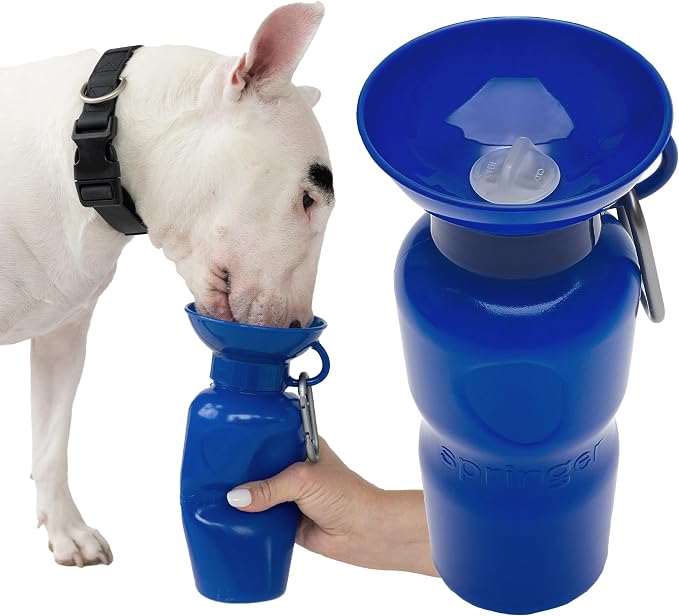 Springland 22oz Classic Portable Dog Water Bottle with Built-in Bowl,Indigo | Leak-proof, BPA-free, one-hand squeeze, for travel & hiking, fits car cup holders, great dog gift, as seen on Shark Tank by Springland