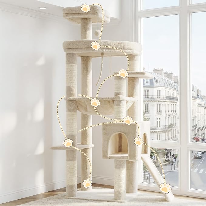 Heybly 64.2" Heavy-Duty Cat Tree for Large Cats with Wide Base HCT027M | Indoor Cat Tower with Scratching Posts & Board, Cat Furniture with Big Platforms, Extra-Large Hammock, Beige - Image 9