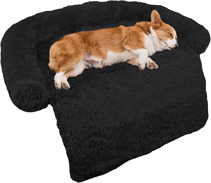 GGIB Calming Dog Bed Fluffy Plush Dog Mat for Furniture Protector with Removable Washable Cover for Large Medium Small Dogs and Cats (Medium, Black) by GGIB