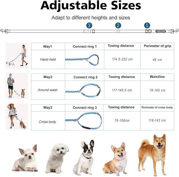 Hands Free Dog Leash, 8.5ft Adjustable Hands Free Leash for Medium Dogs, Versatile Handheld Crossbody Waist Lead with 3 Rings, for Running Jogging Walking, Sponge Handle, Geometric Blue - Image 4