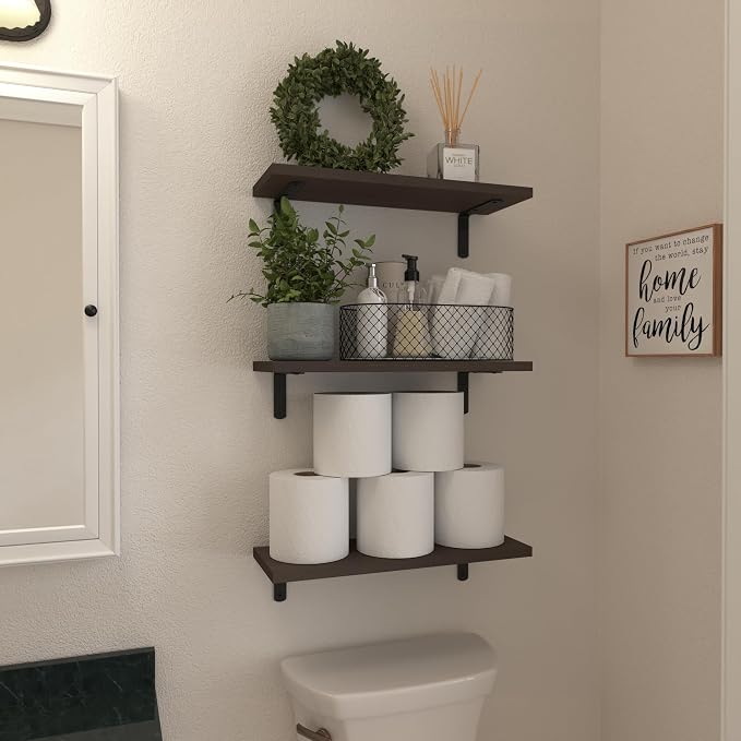 Wood Floating Shelves Set of 6, Shelves for Wall Decor, Farmhouse Shelf for Bedroom, Bathroom Storage Shelves, Book Shelves for Living Room, Dark Brown - Image 4