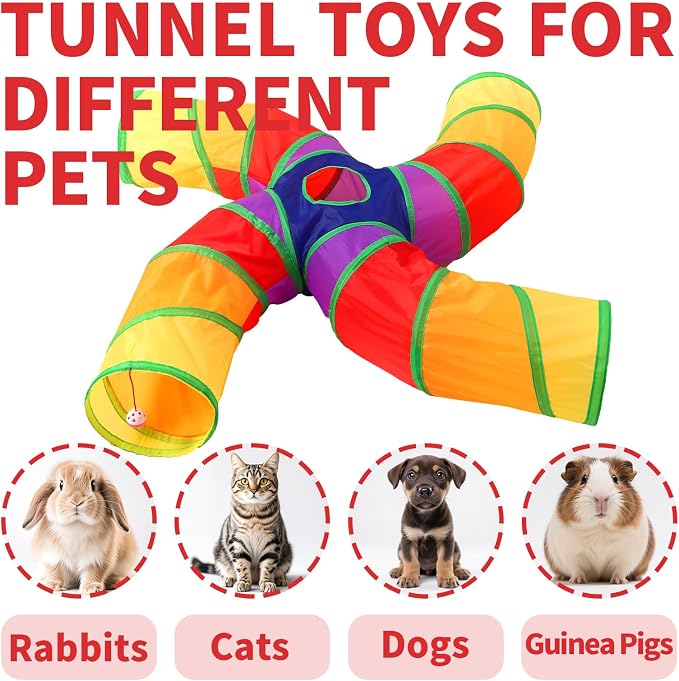 Pet Cat Tunnel, 4 Way Tunnels for Indoor Cats, Collapsible Pet Tunnel for Kitten, Puppy, Rabbit, 25cm-Wide Tunnels, Durable & Breathable, with Peek Hole Toy Ball - Image 2