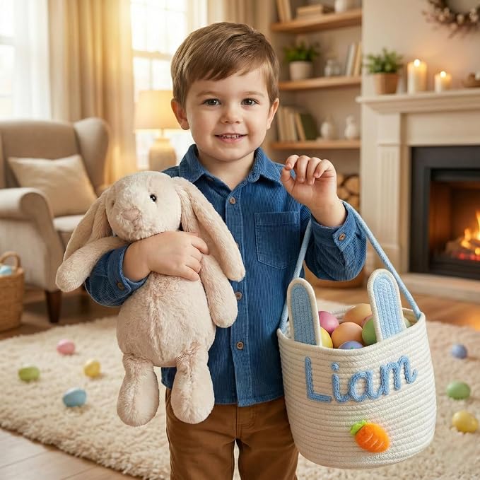MBBEST Personalized Easter Bunny Basket - Custom 3D Name Cotton Rope Easter Bucket with Cute Ears & Plush Charm, Hand-Woven Easter Egg Hunt Bag, Unique Gift Storage for Kids Toddlers Boys Girls - Image 3