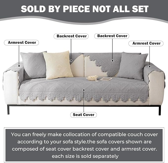 Cotton Quilted Dog Couch Cover for Sofa Farmhouse Rustic Embroidery Sectional Couch Cover Soft Anti-Slip Sofa Slipcover Furniture Protector for Kids, Pets (Grey,43"x94") - Image 2