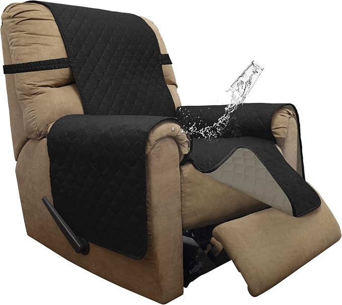 ISSUNTEX Double Protection 100% Waterproof Recliner Covers for Living Room, Reversible Furniture Protector Recliner Couch Sofa Slipcover for Dogs, Pets, Kids (Recliner, Black/Beige) by ISSUNTEX