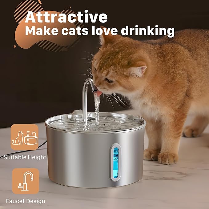 74oz Cat Water Fountain Stainless Steel for Drinking(6 Filters 3 Sponges) | 2.2L Pet Water Fountain for Cats Inside, Automatic Cat Water Dispenser Bowl, with Faucet Water Level Window, Ultra Quiet Pump - Image 8