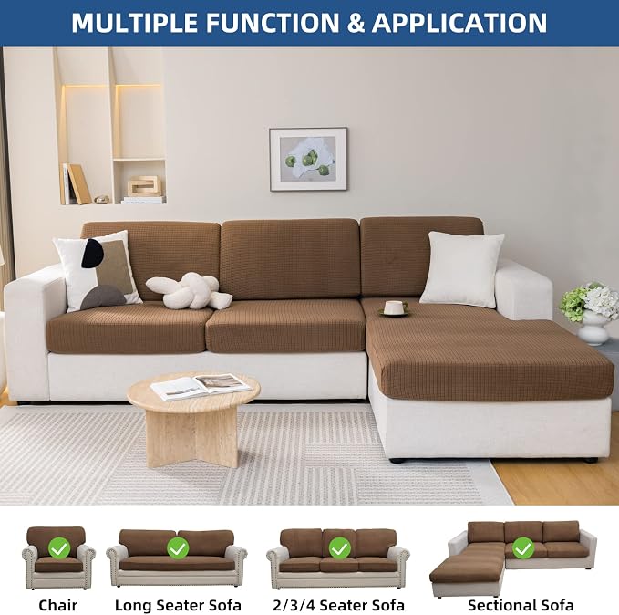 Eismodra Couch Cushion Covers Magic Stretch Sofa Slipcover for 3 Cushion Couch Dogs Pet L Shape 2 Seat Replacement Furniture Protector,Light Brown Length 25-37 inches(Only 1 Piece) - Image 2
