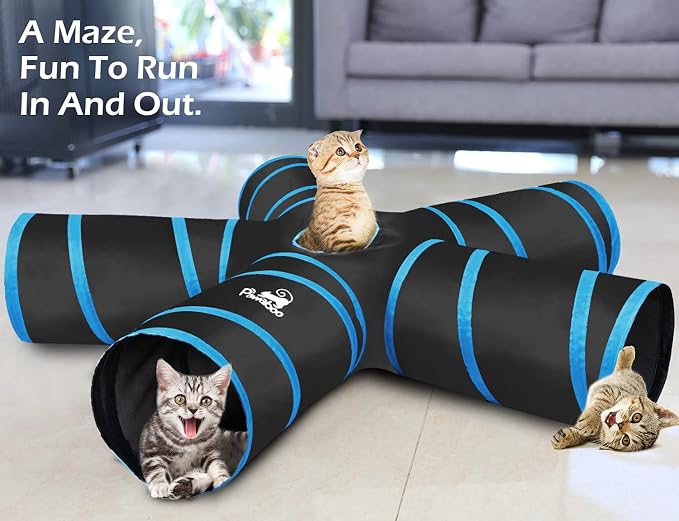 Pawaboo Cat Tunnel Tube 5 Way Tunnels, Blue, 25x53cm | Extensible Collapsible, Play Tent Interactive Toy Maze, Cats House with Balls and Bells - Image 7