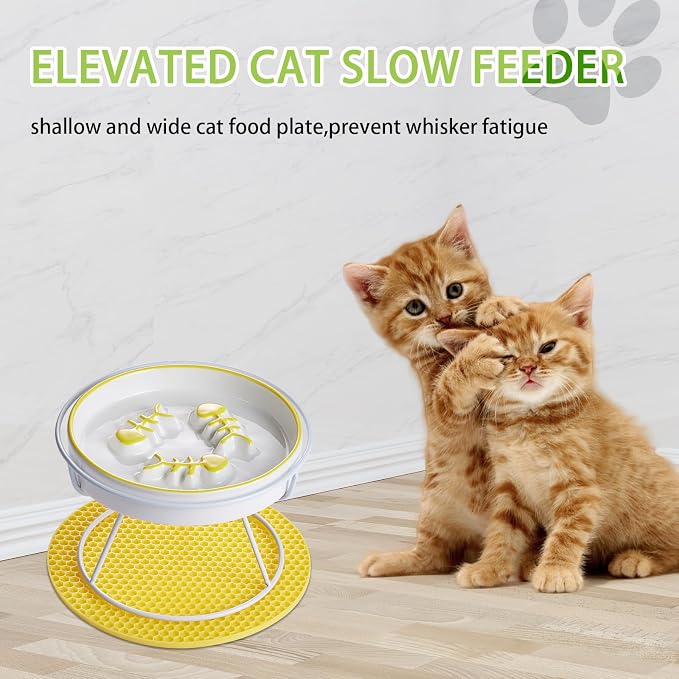 Ceramic Slow Feeder Cat Bowl, Elevated Whisker Friendly Design, Yellow - Image 3