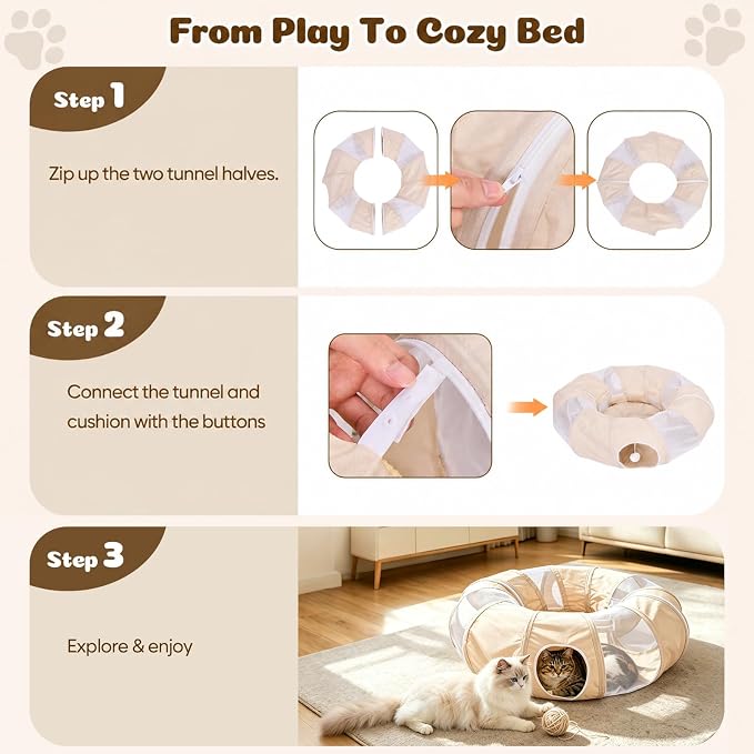 Ownpets Collapsible Cat Tunnel Toy - 2-in-1 Interactive Play Tunnel for Cat up to 18 lbs, Tear-Resistant Mesh, Fold to 2 Inches Thick, Portable Cat Exercise & Entertainment Tunnel, 12" Diameter, Khaki - Image 7