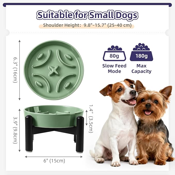 Elevated Slow Feeder Dog Bowl, 0.8 Cups Ceramic Raised Slow Feeder with Stainless Stand, 6.3 Inch Wide Lifted Dog Bowl for Small Breeds to Control Eating Speed, Green - Image 2