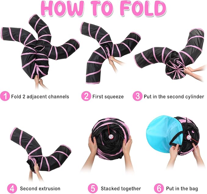 Poen 21 Pcs Cat Tunnel for Indoor Set Collapsible 5 Way Tubes with 20 Pcs Cat Kitten Toys Interactive Feather Toy Mouse Crinkle Balls Tube for Puppy Kitten Rabbit(Pink Black) - Image 7