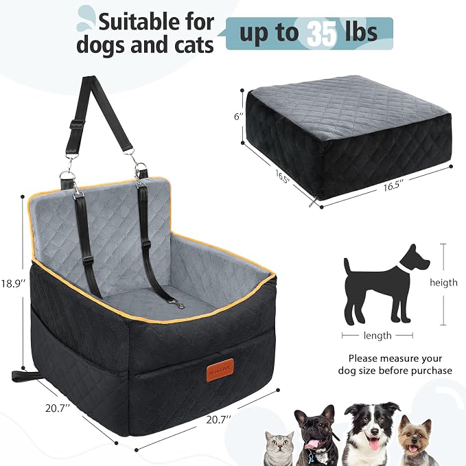 HEGGCOOE Small Dog Car Seat, Memory Foam Dog Booster Seats with Thick Cushion for Medium Dogs Under 35lbs, Detachable Washable Pet Car Seat Bed with Storage Pockets,2 Safety Belts - Image 3