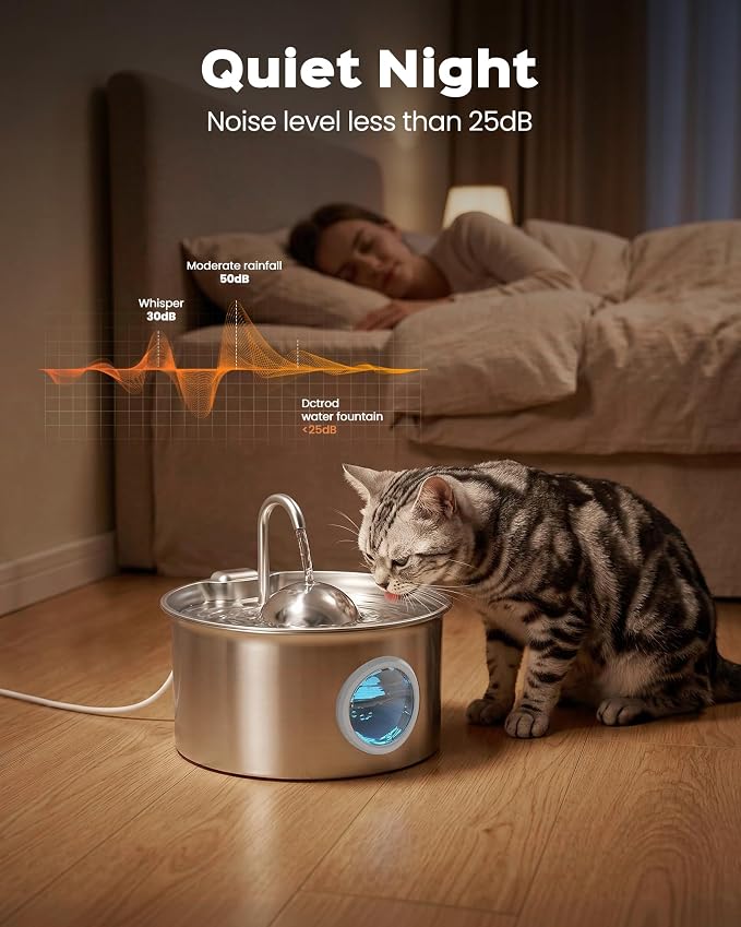 Stainless Steel Cat Water Fountain: Cat Fountain with with 6 Filters + 3 Sponges - 88oz/2.6L Slient Pet Water Fountains for Cats Indoor - DCTROD Kitten Fountains - Gifts for Cats Dogs Small Animals - Image 3