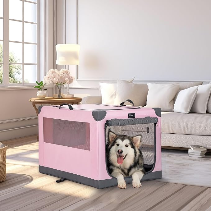 PETSFIT 40" Soft Portable Dog Crate – Patented Spiral Sturdy Frame, Collapsible Travel Kennel for Large Dogs, 3 Mesh Door, Lockable Zippers, Indoor & Car Use Pink - Image 9