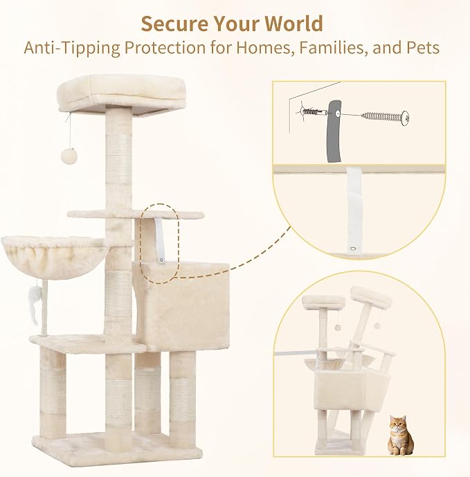 Heybly Cat Tree with Toy, 43.3 inch Cat Tower for Indoor Cats HCT004SM | Cat Condo with Durable Sisal Scratching Posts, Cat House with Padded Plush Perch, Cozy Hammock, Beige - Image 6