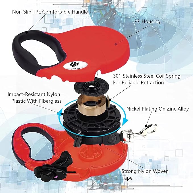 16ft Retractable Dog Leash for Large Breed Dogs up to 110 lbs with a Detachable Chew Proof Extender Wire Ropes (Red L) - Image 5